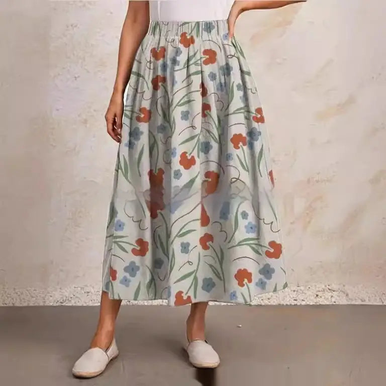 Printed Elastic Waist Slimming Large Hem Skirt