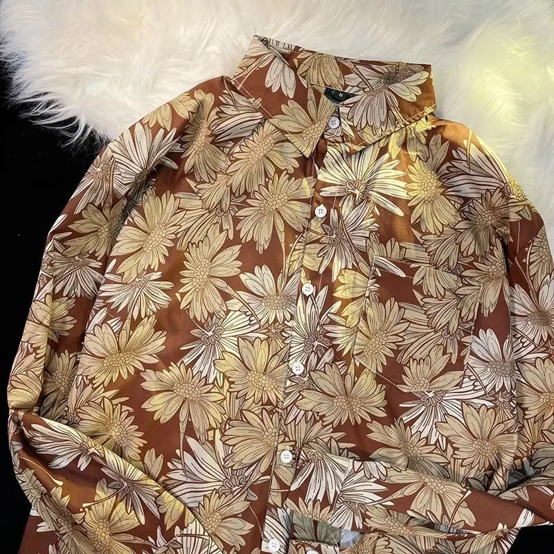 Pu Shuai Japanese-style Retro Hong Kong Style Printed Shirt Long Sleeve