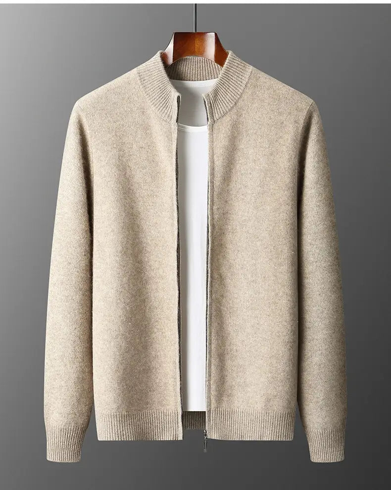 Wool Cardigan Men’s Stand Collar Zipper Knitted Sweater Coat Warm And Loose Cashmere Pants Men