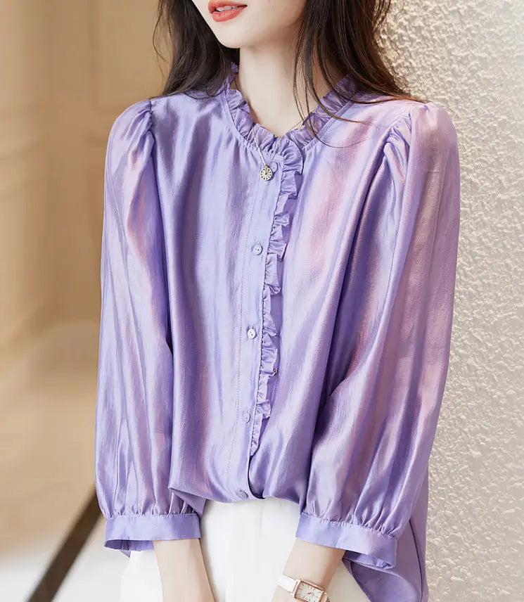 Nine-quarter Sleeve Shirt Women’s Puff Sleeve Thin Solid Color Top