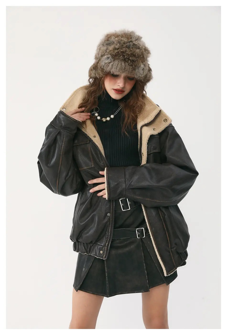 Winter PU Leather Coat Cotton-padded Coat Stand Collar Coat Thickened Lamb Wool