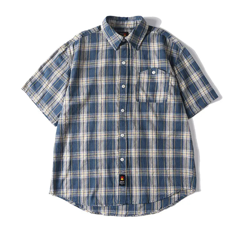 Summer New Japanese-style Retro Washed Yarn-dyed Plaid Short-sleeved Shirt