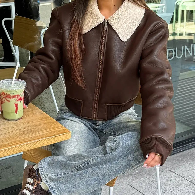 Solid Color Faux Leather Knitted Fur Lapel Zipper Basic Style Street Fashion