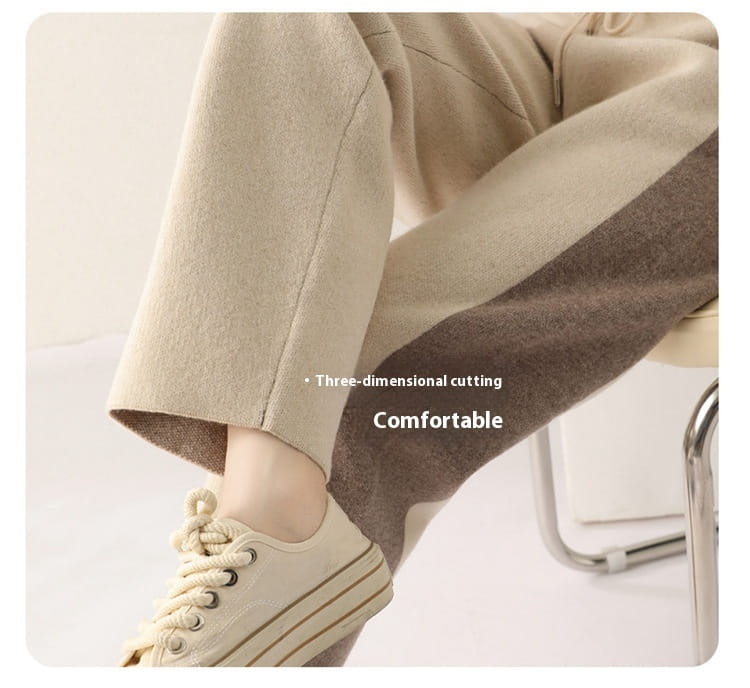 Color Contrast Patchwork Pure Wool Knit Casual Pants