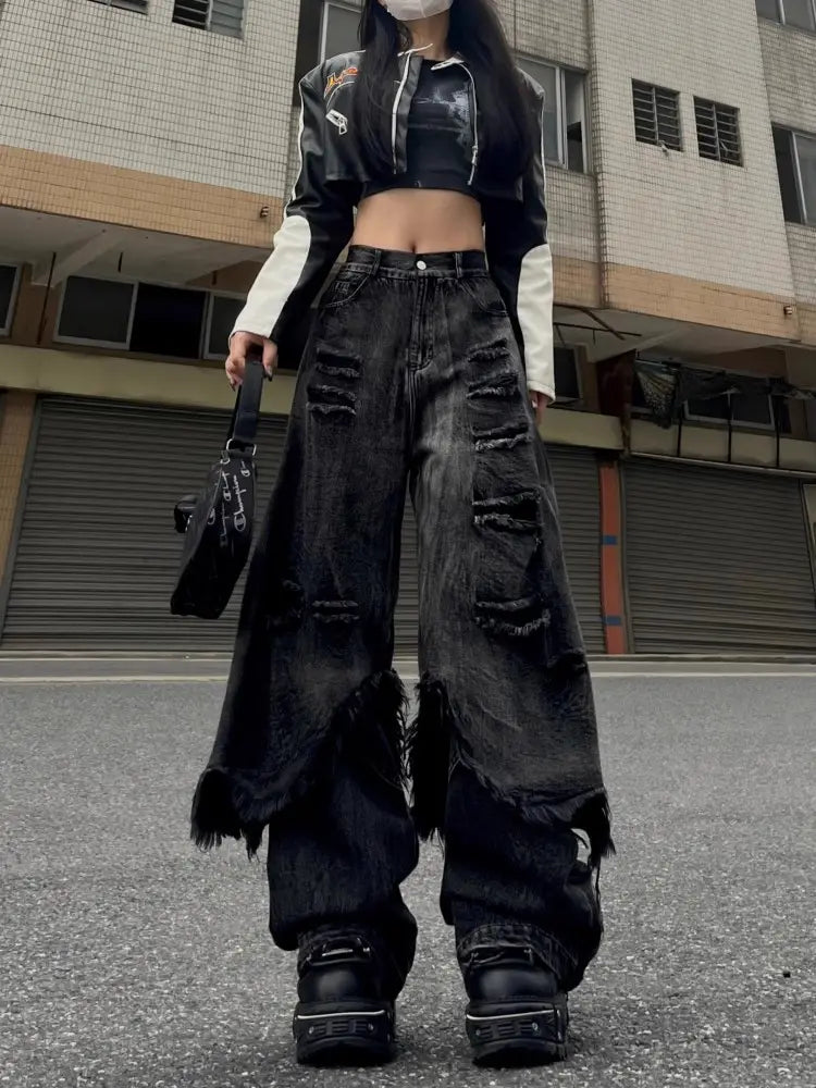 High Street Distressed Cargo Jeans Wide Leg Trousers