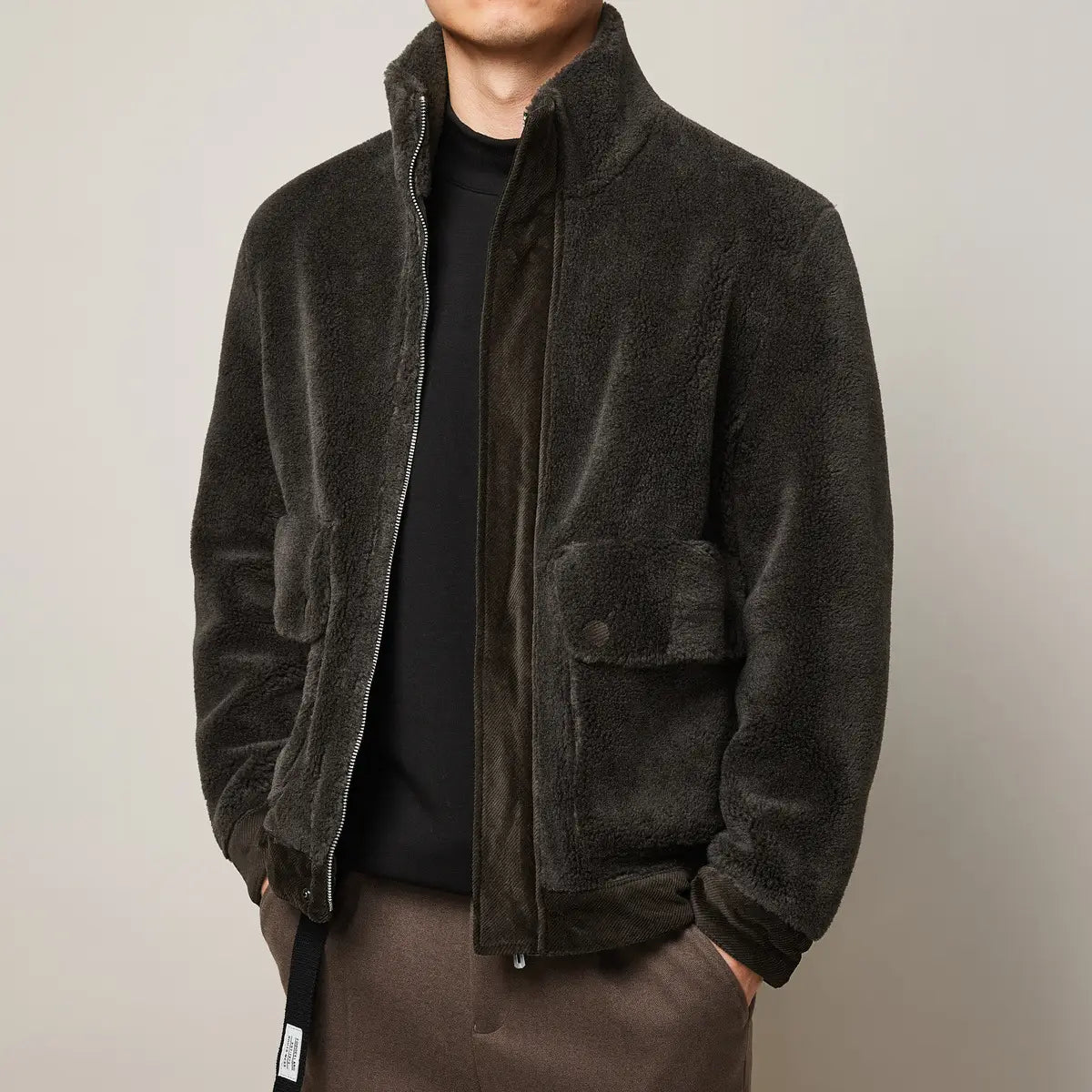 Men’s Winter Faux Lamb Warm Thick Jacket Casual Style Stand Collar Solid Color