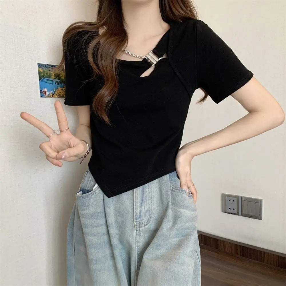 Slim Fit And Thin Cover Belly Hot Girl Irregular Short-sleeved T-shirt For Women