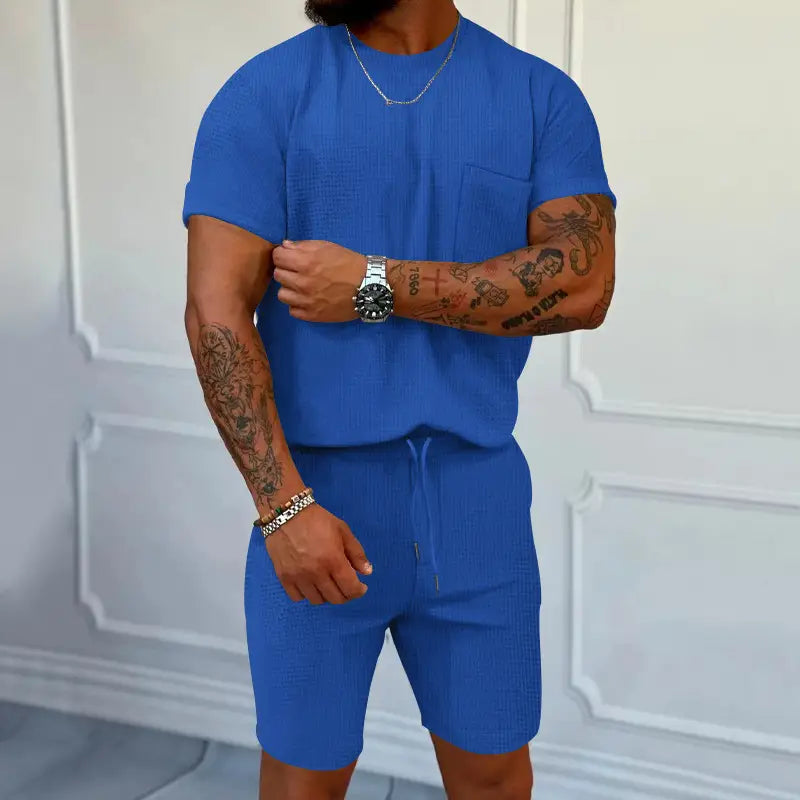 Waffle Round Neck Pocket Short-sleeved Shorts Casual Sports Suit