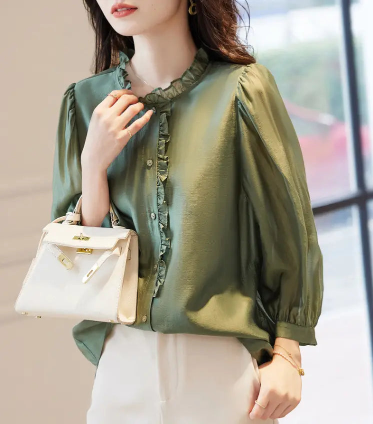 Nine-quarter Sleeve Shirt Women’s Puff Sleeve Thin Solid Color Top