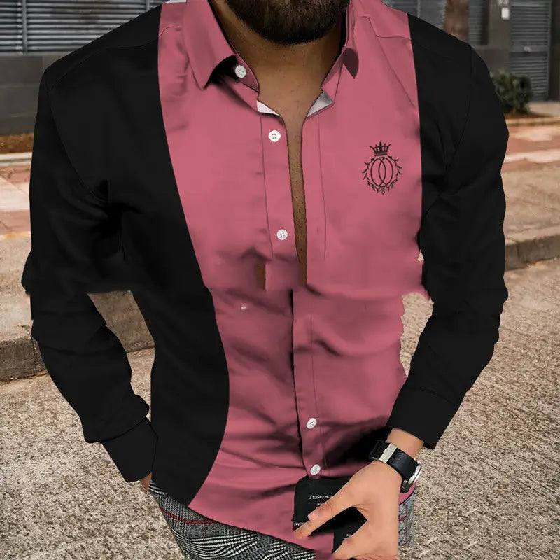 Men’s Casual Simple Striped 3D Printed Shirt Long-sleeved Bottoming Shirt
