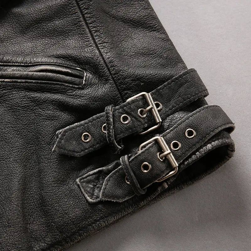 Men’s Distressed Stand Collar Cropped Slim Leather Jacket