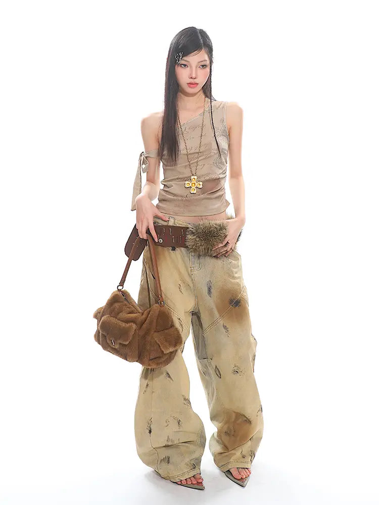 Washed Old Blooming Retro Machete Profile Loose Jeans