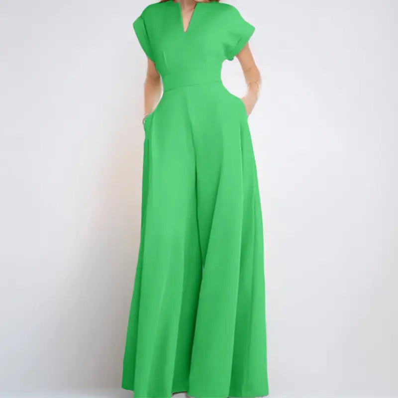 Women’s Elegant Solid Color And V-neck Sleeveless Waist Wide-leg Jumpsuit