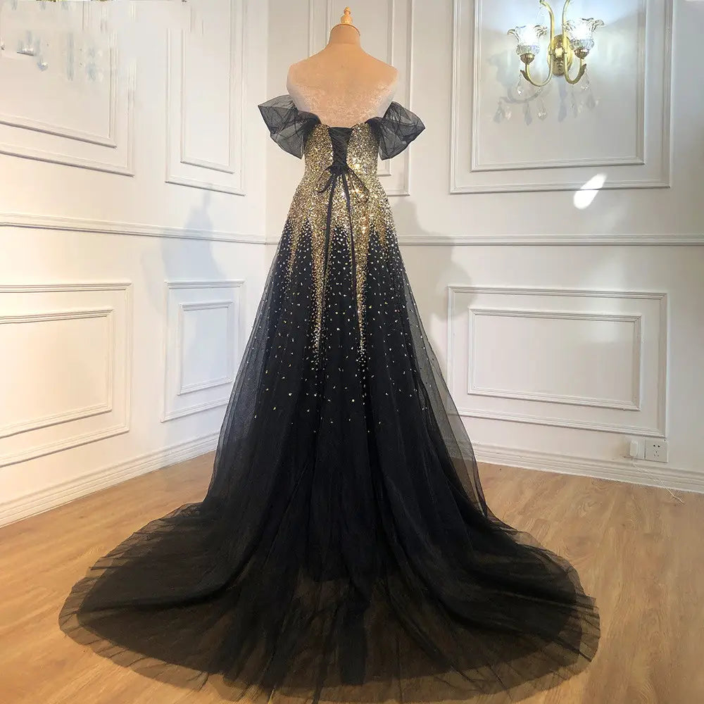 Black Gold One Word Shoulder Hosting Banquet Bride Toasting Evening Dress