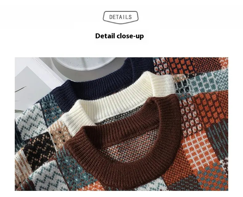 Men’s Simple Casual Plaid Printed Thick Warm Sweater