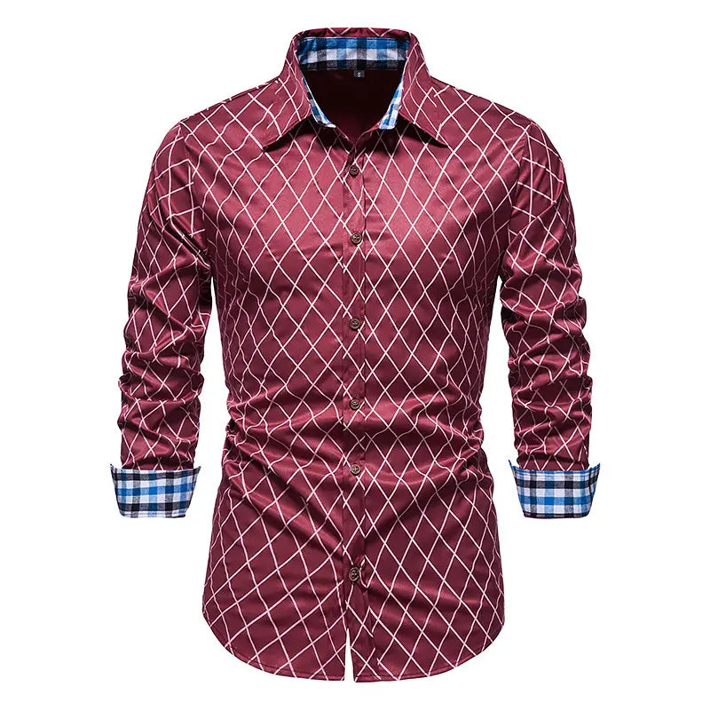 New Fashion Contrast Color Men’s Long-sleeved Diamond Check Button Shirt