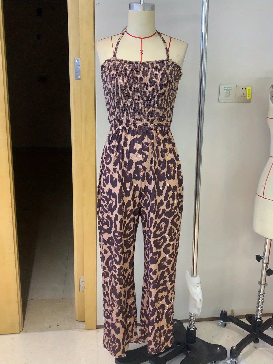 Women’s Leopard Print Halter Backless Jumpsuit