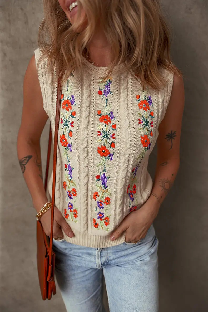 Fashion Floral Embroidered Knitted Vest For Women New Niche Retro Outerwear Sleeveless Top For Women