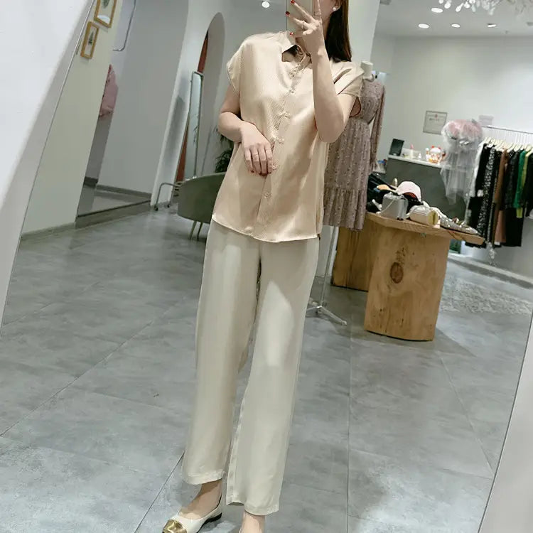 Pearl Satin Shirt Reverse Collar Single-breasted