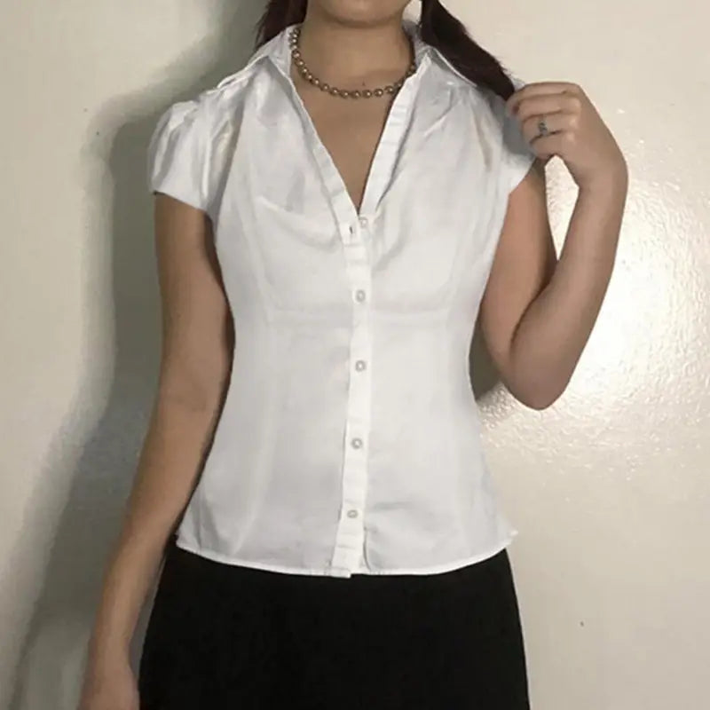 Solid Color Simple Waist Fitted Puff Sleeve Polo Shirt