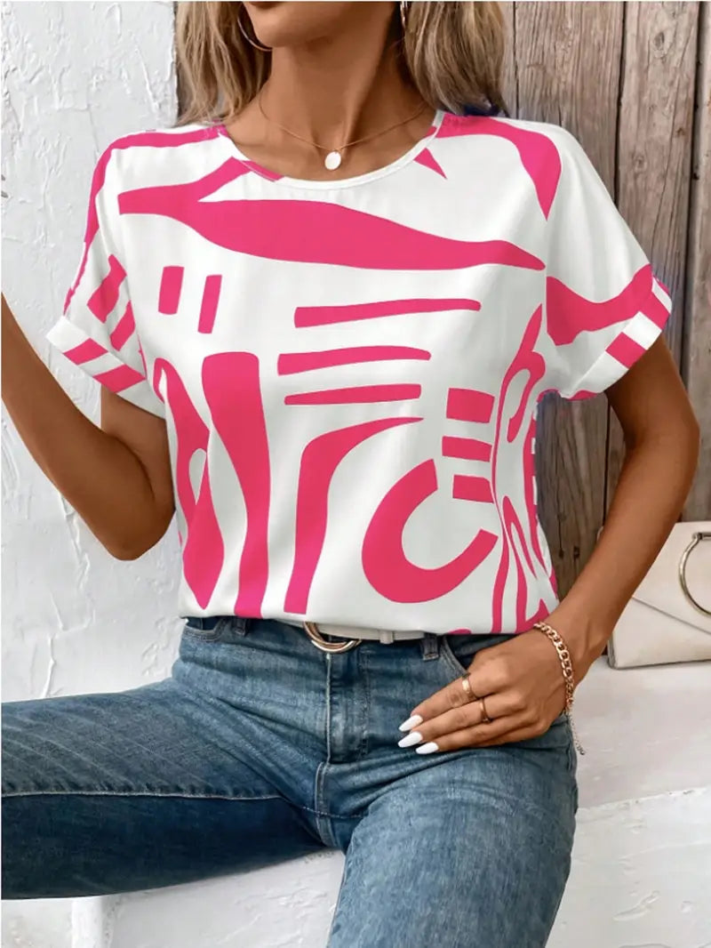 Batwing Sleeve Round Neck Geometric Printed Shirt For Women