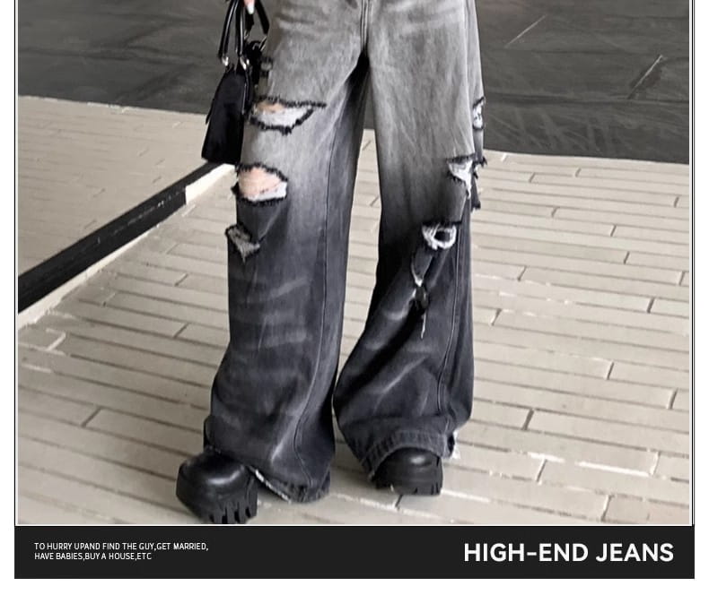 Gradient Color Big Ripped Hot Girl Wide Leg Jeans For Women