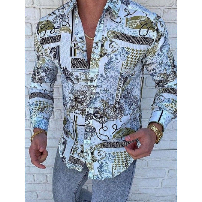 European And American Men’s Long-sleeved Shirt Casual Printing