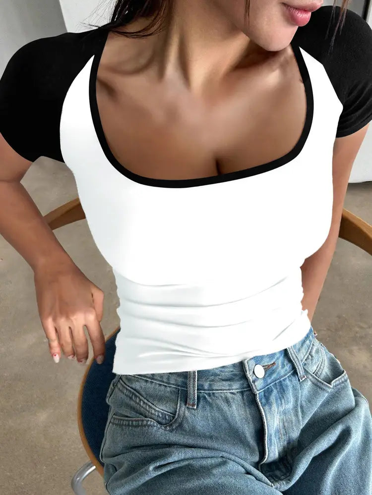 European And American Y2g Sexy Slim U-neck Contrast Color Short Sleeve