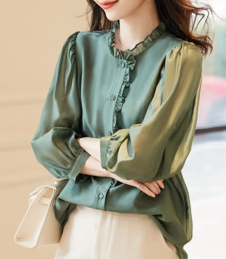 Nine-quarter Sleeve Shirt Women’s Puff Sleeve Thin Solid Color Top