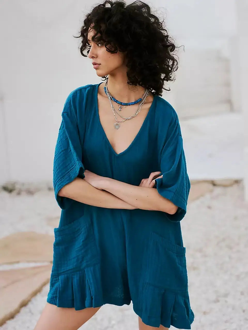 New Slub Cotton Ruffled V-neck Pocket Beach Sun Protection Blouse For Women