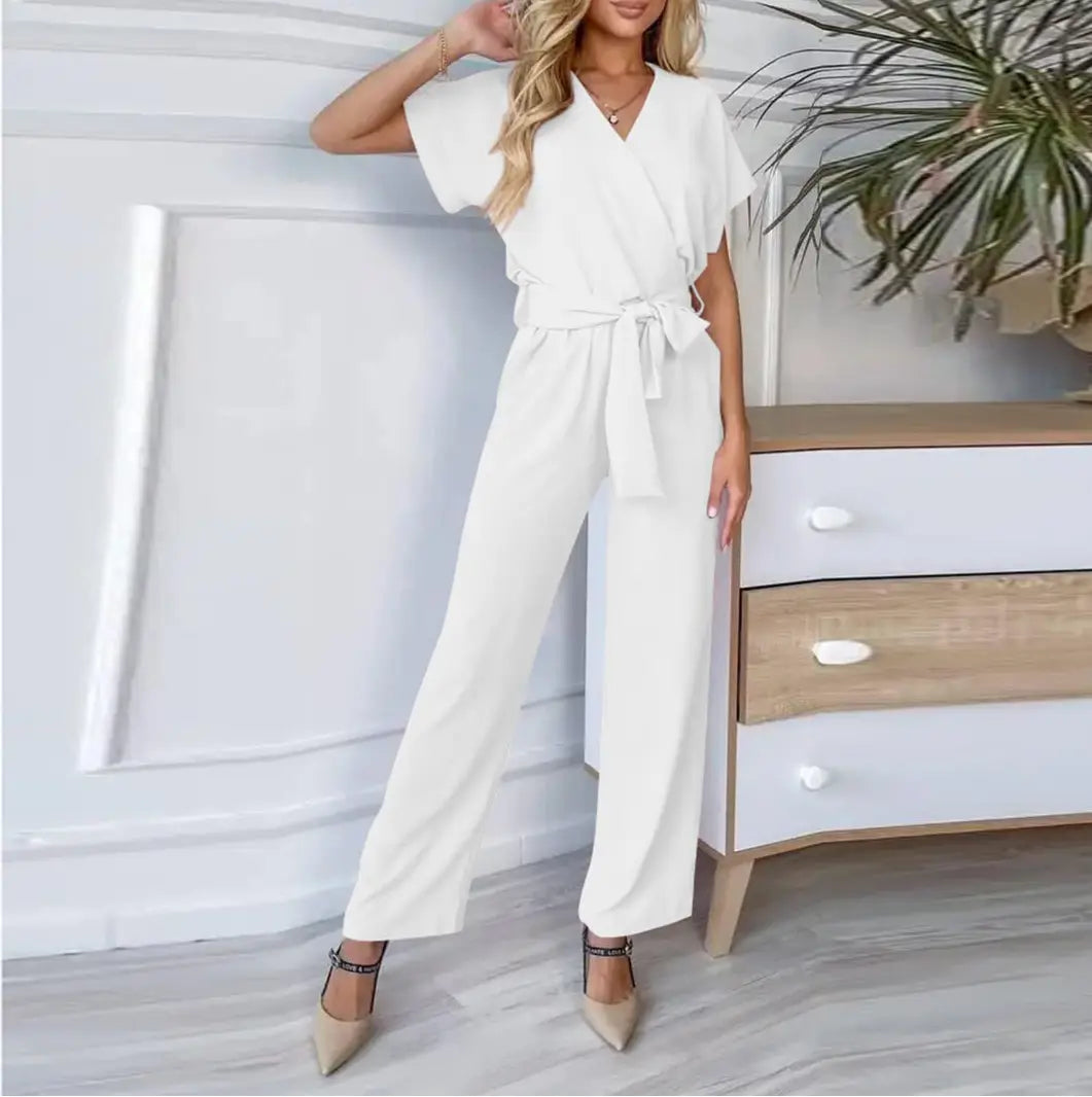 Women’s Short-sleeved V-neck Pocket Jumpsuit