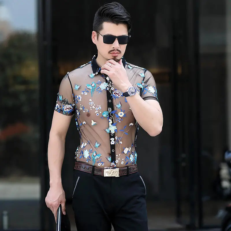 Men’s Short-sleeved Floral Thin Hollow Non-iron Ice Silk Shirt