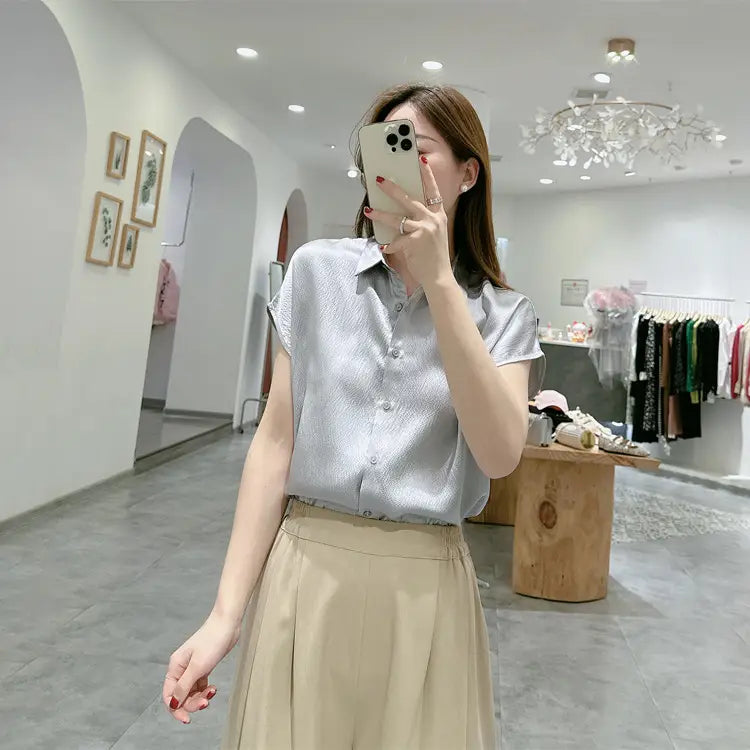 Pearl Satin Shirt Reverse Collar Single-breasted