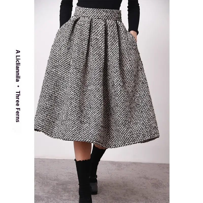 Autumn And Winter High Waist Pleated Words Puffy Thick Midi Skirt