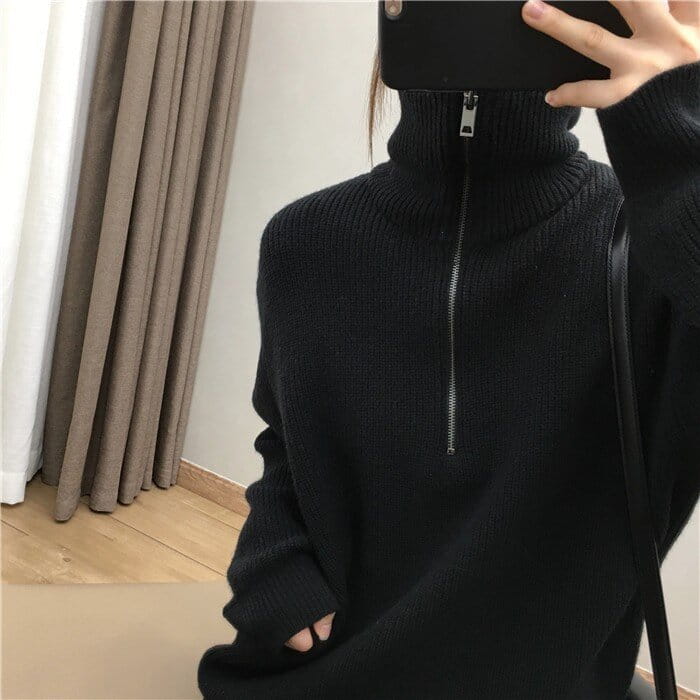 Elegant Large Lapel Zipper Pullover Sweater For Women