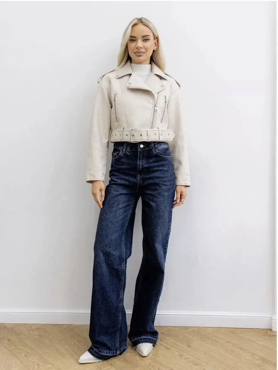 Fashionable Washed Faux Leather Motorcycle PU Zipper Jacket