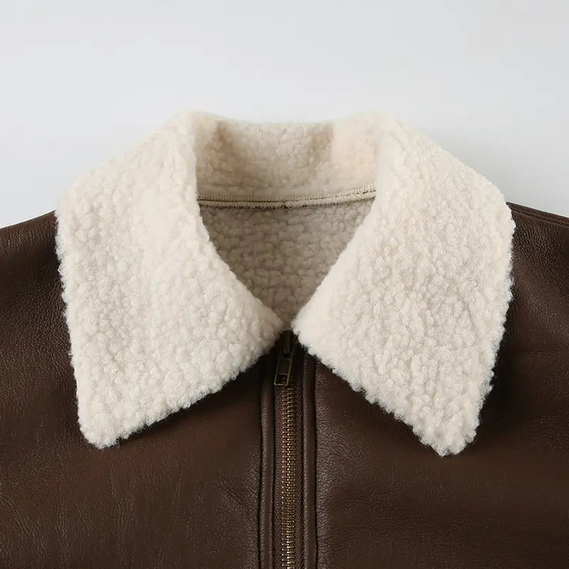 Solid Color Faux Leather Knitted Fur Lapel Zipper Basic Style Street Fashion