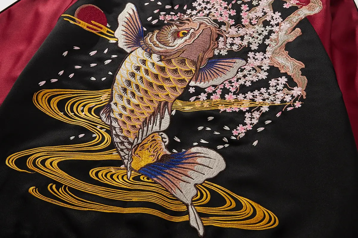 Machine Embroidery Men’s Koi Embroidered Cotton Coat Jacket
