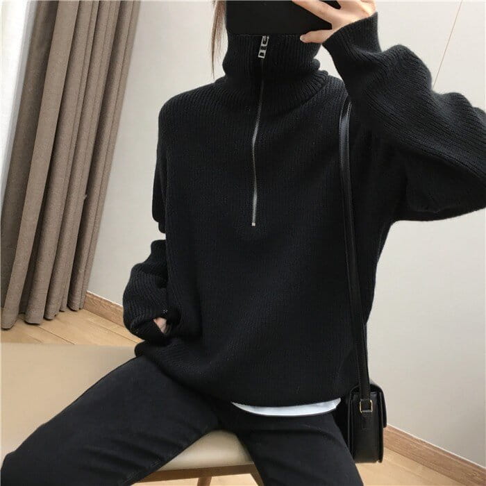 Elegant Large Lapel Zipper Pullover Sweater For Women