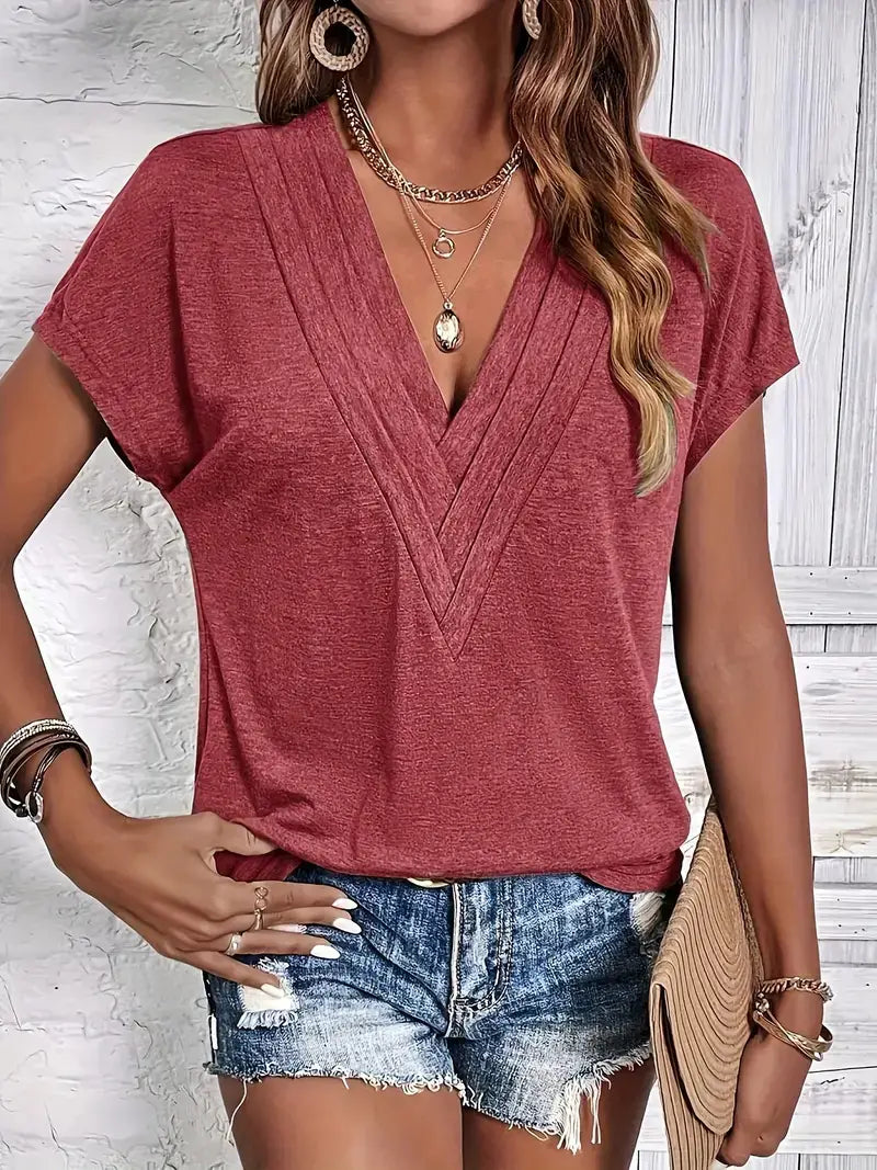 Summer New Women’s Solid Color And V-neck T-shirt