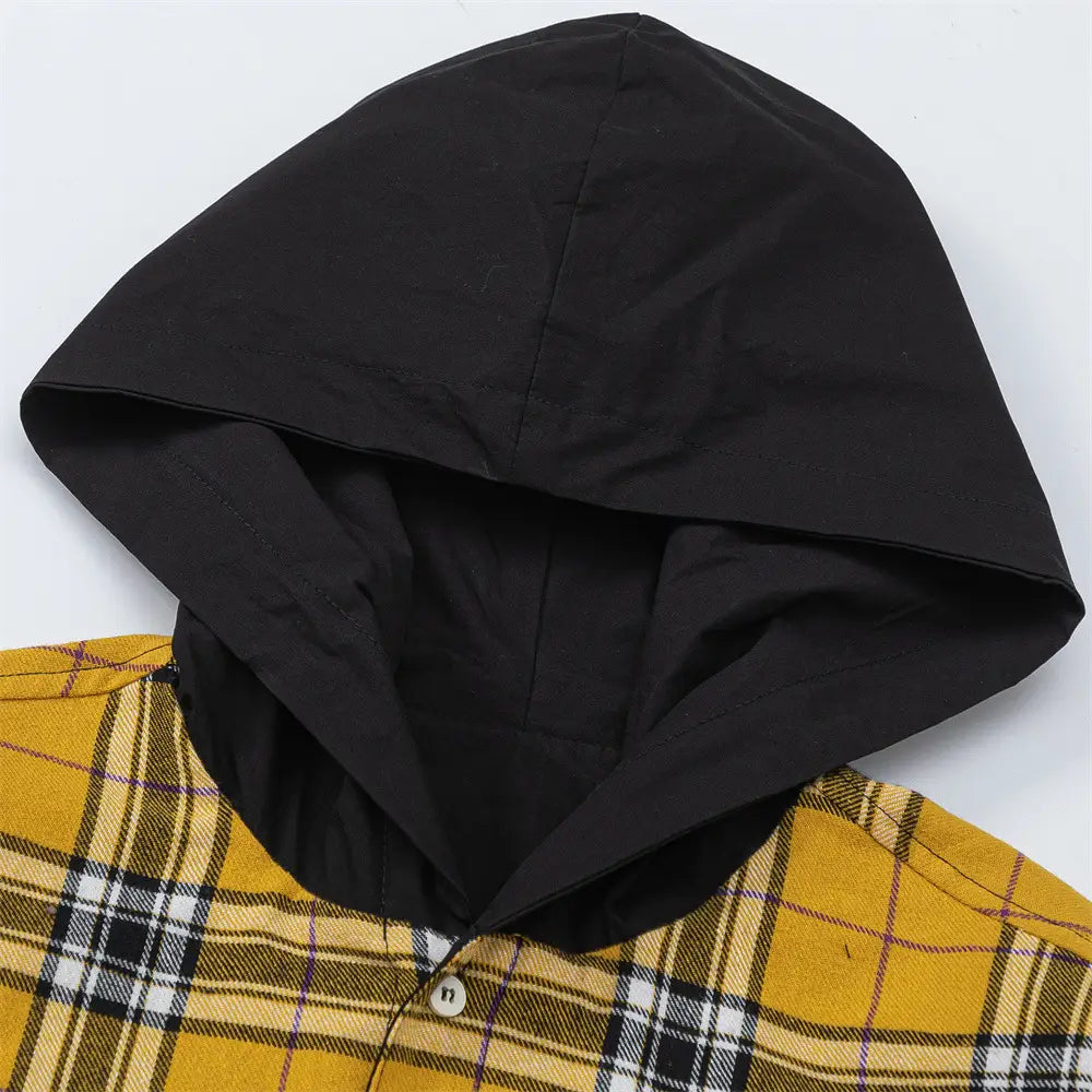 European And American Style Colorblock Hood Plaid Long Sleeve Shirt