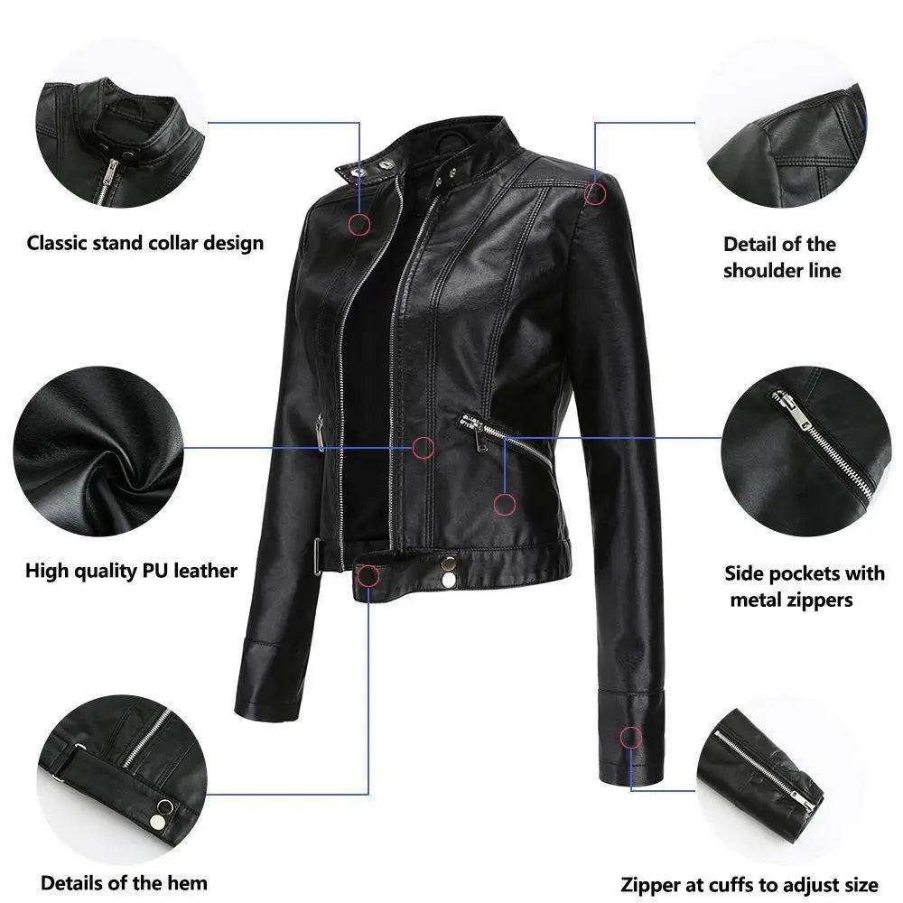 Women’s Short Leather Jacket Stand Collar Jacket Thin