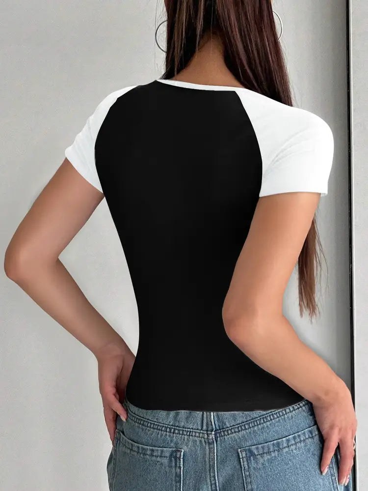 European And American Y2g Sexy Slim U-neck Contrast Color Short Sleeve