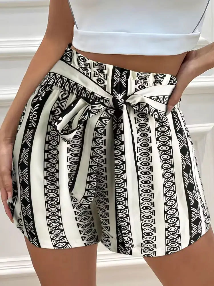 Belt Printed Casual Shorts For Commuter Women