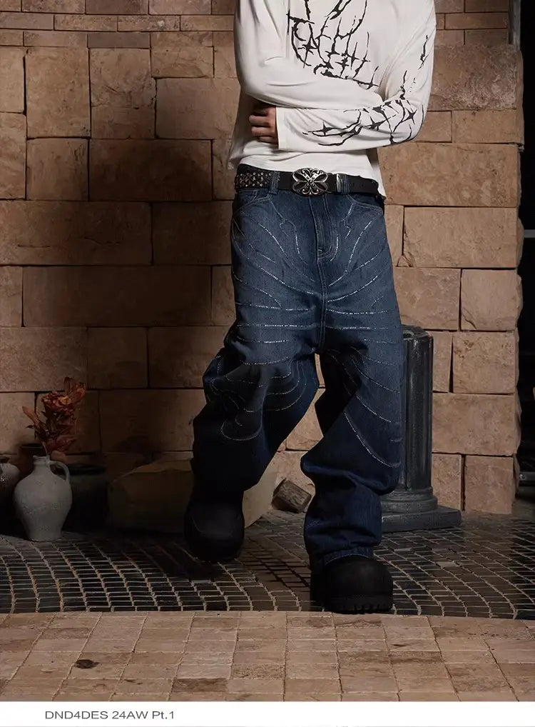 Design Washed Distressed Laser Cat Beard Starry Rhinestone Hot Drilling Loose Wide Leg Jeans