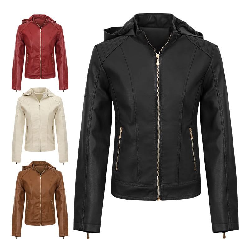Women’s Clothing Fleece-lined Thickened Leather Coat Hooded