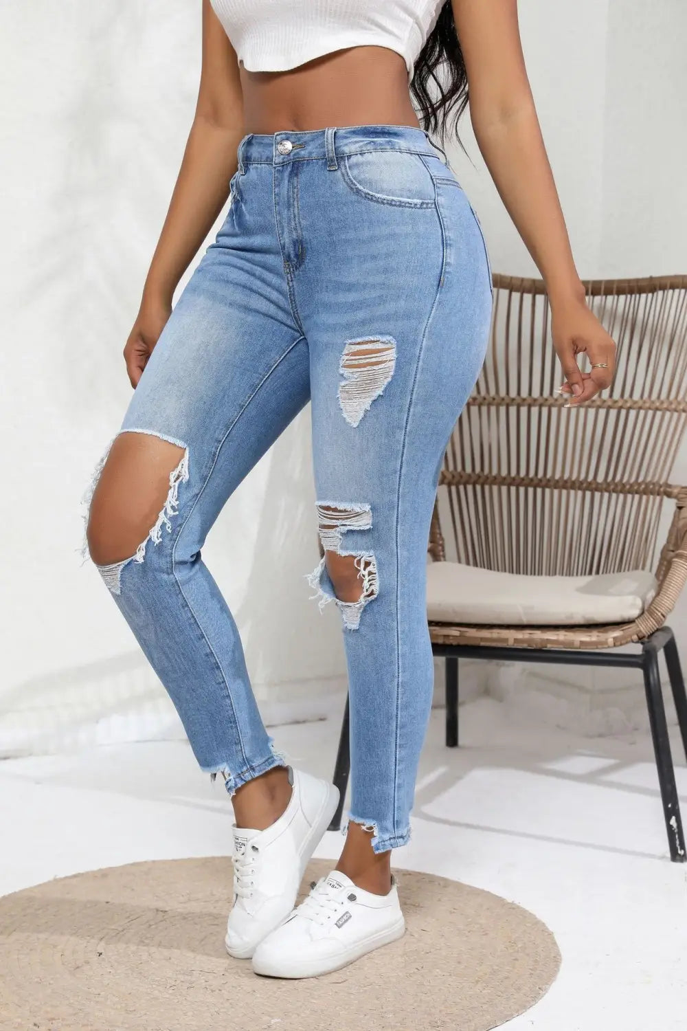 Water Washed Hole Slim High Waist Stretch Retro Denim Skinny Pants Women