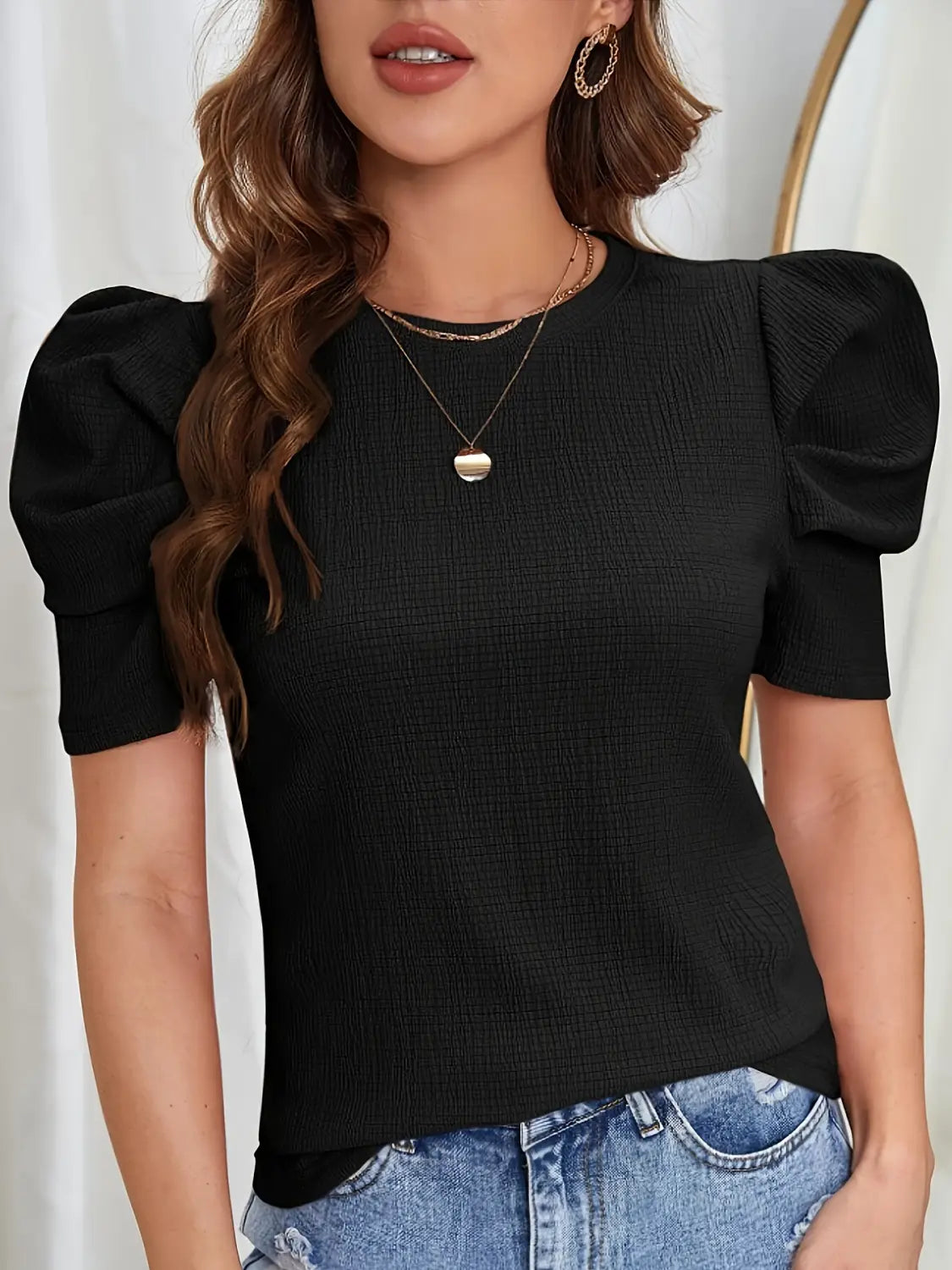 Casual Solid Color Puff Sleeve Solid Round Neck T-shirt