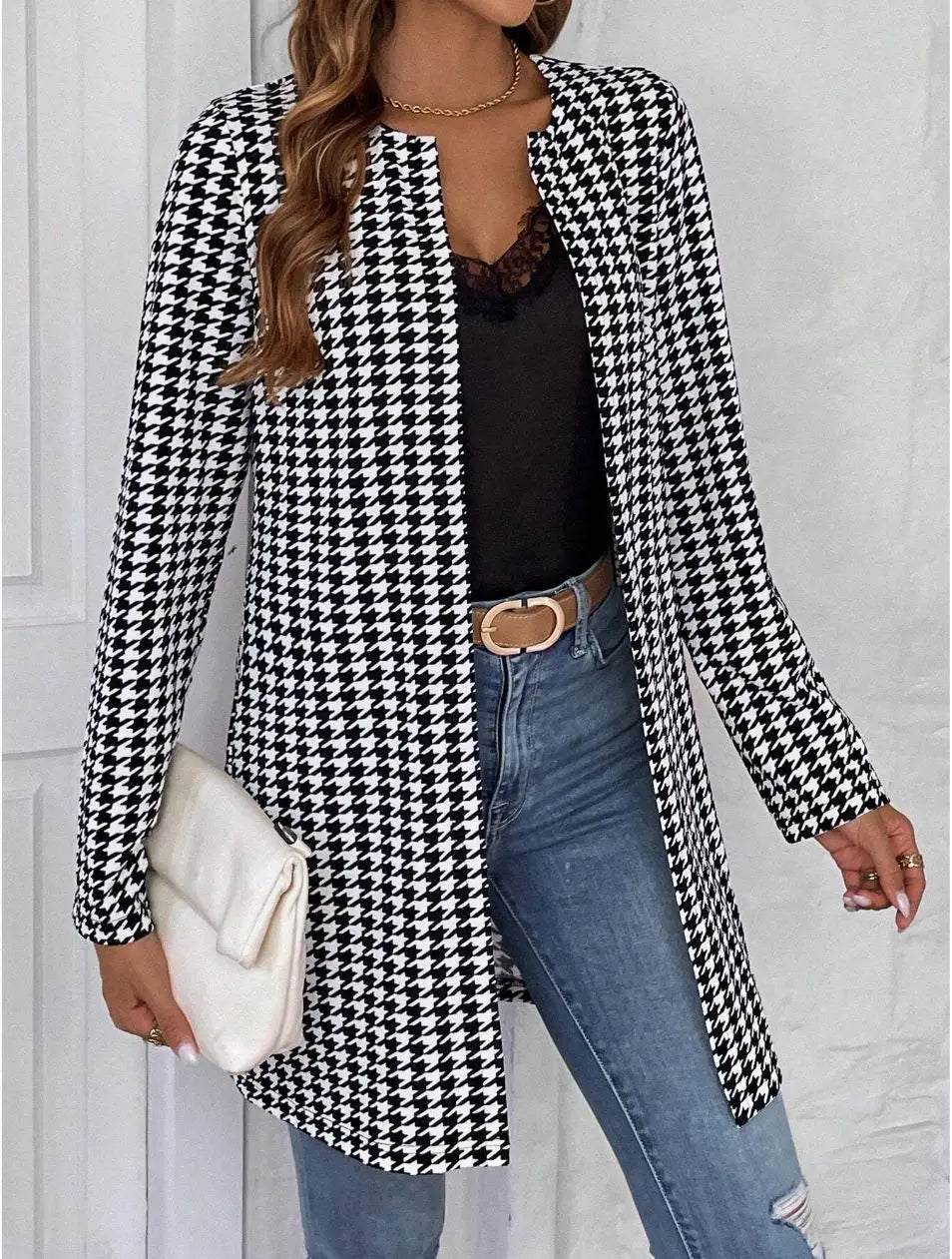 Women’s Clothing Houndstooth Long Coat
