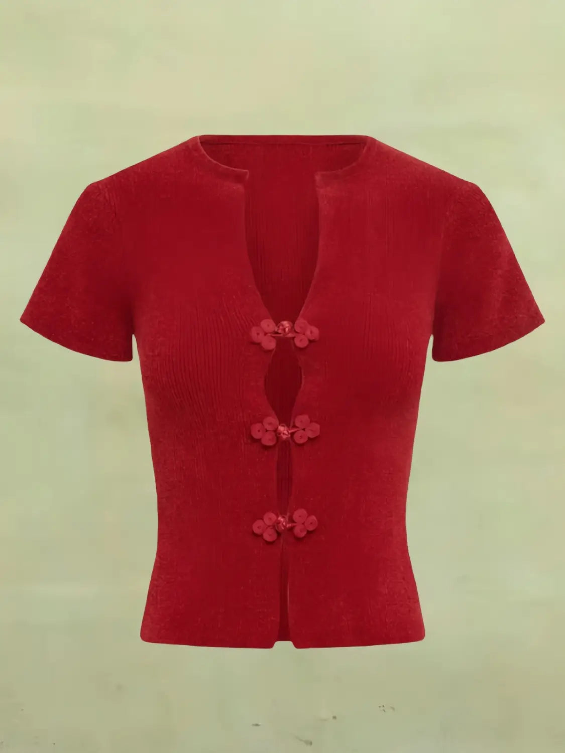 Short-sleeved T-shirt V-neck Slim-fit Hollow Cardigan Button Top